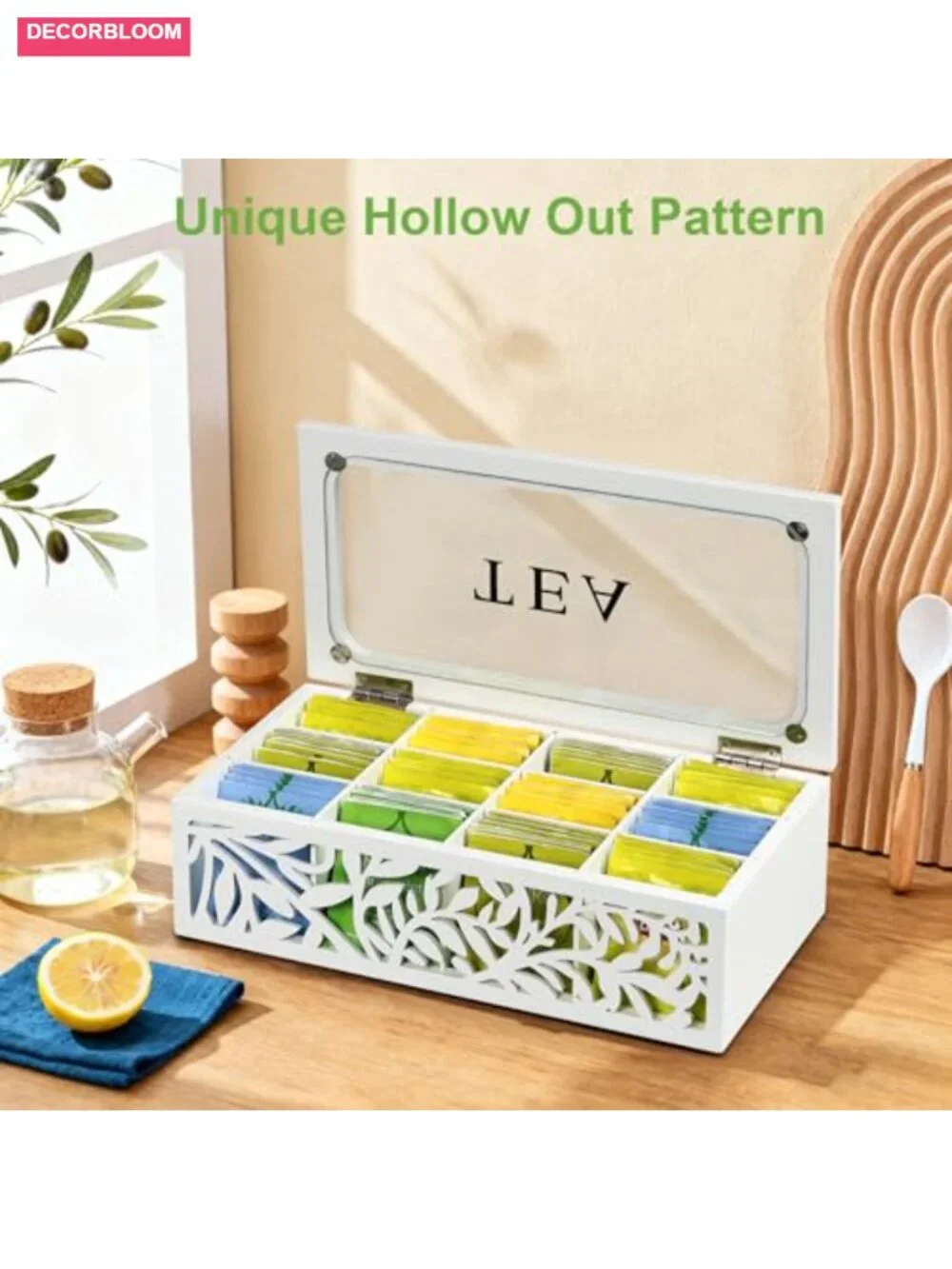 12-Slot Wooden Tea Bag Organizer, Floral Cut Out Lid, Countertop Storage